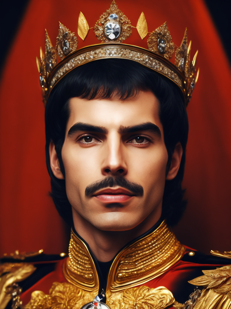 Portrait of Freddie Mercury wearing the Queen's crown, royal mantle, Vivid saturated colors, Contrast light, studio photo, professional photo, Detailed image, detailed face