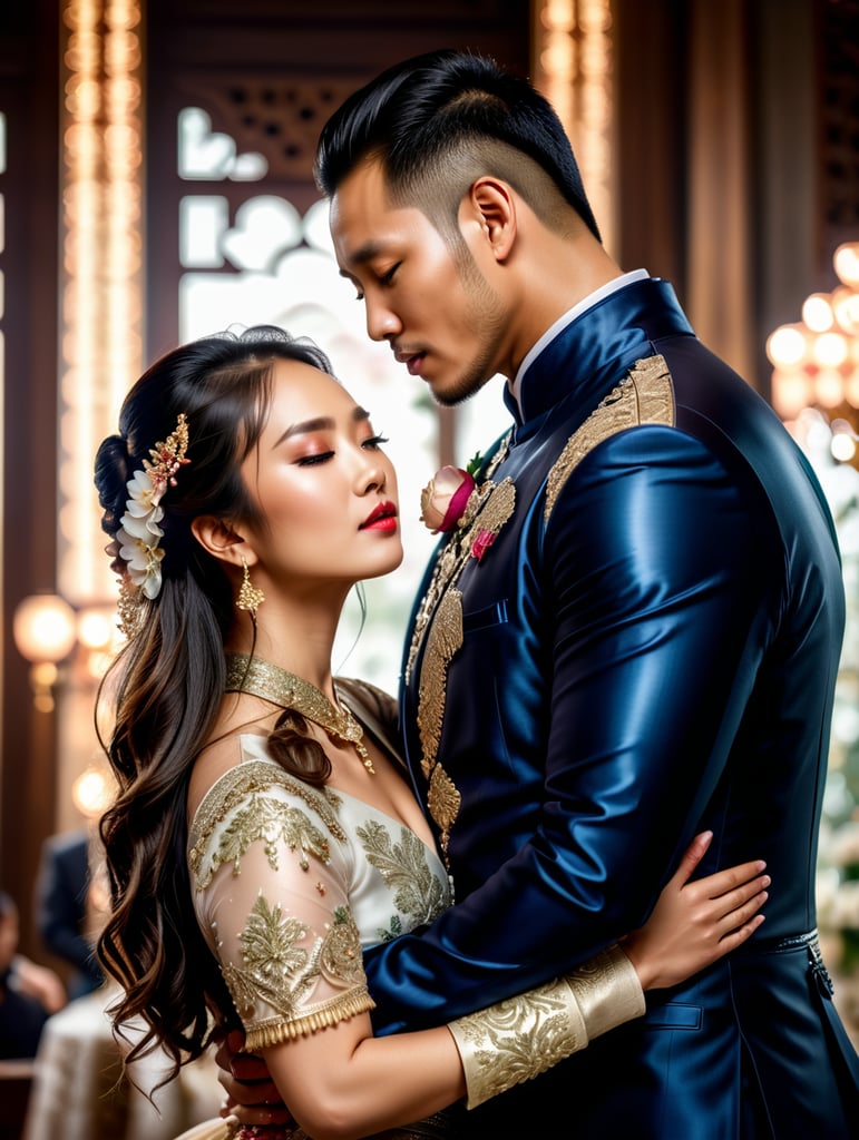 Ground lvl full body shot, hyper-realistic image of a beautiful asia couple, in posh haute couture dress, in action pose, extremely-ultra-detailed, noble hmong man noble kissing on a bride the forehead