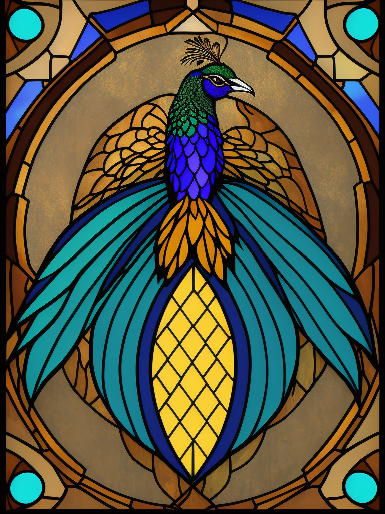 Stained glass smiling peacock, geometric lines, art deco, symmetrical gold tone