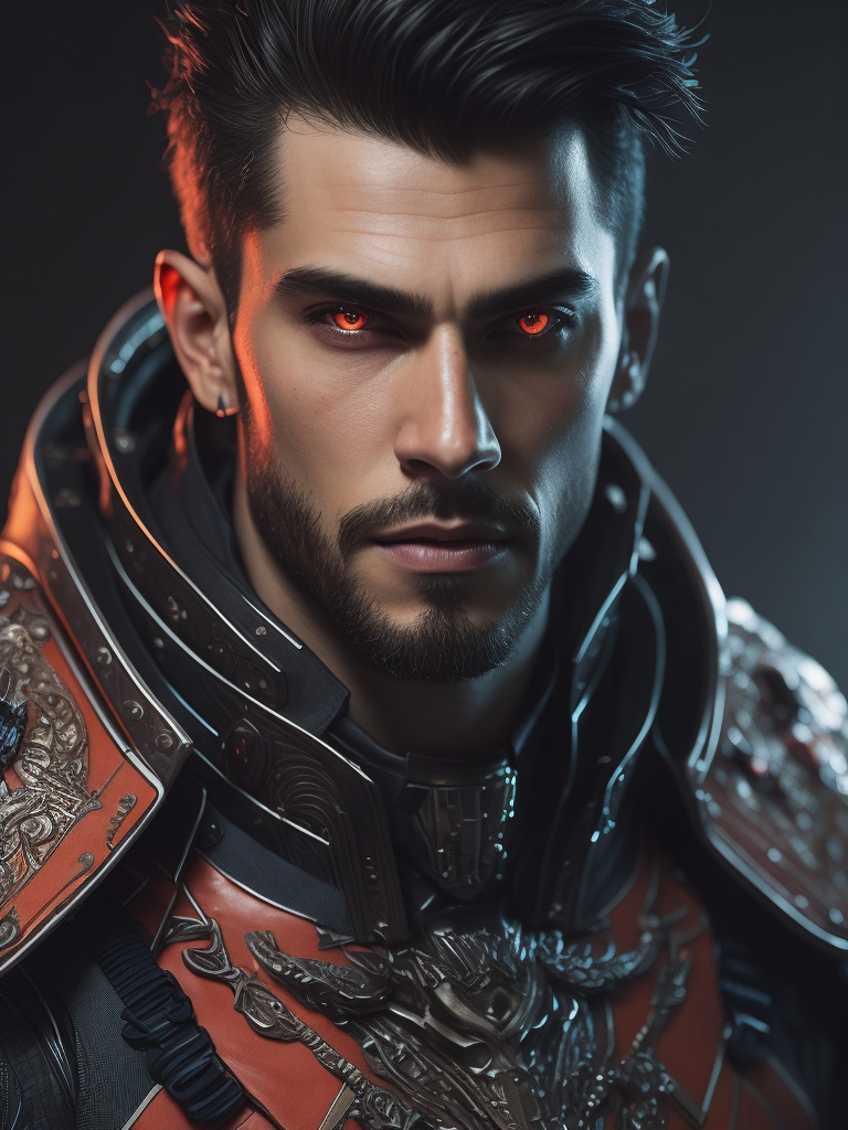 Highly detailed character design, a man with jagged broken teeth, wicked grin, wearing a red and blue tunic, intricate floral embroidery, cybernetic eyes, heavily lined, wrinkled, haggard face, spiked pauldrons, glowing details, ultrafine detail, epic cinematic lighting, action scene, seapunk, salvagepunk, cyberpunk art by Ruan Jei, Josan Gonzalez, Wayne Reynolds, vray render, volumetric lighting, postprocessing, sharp focus