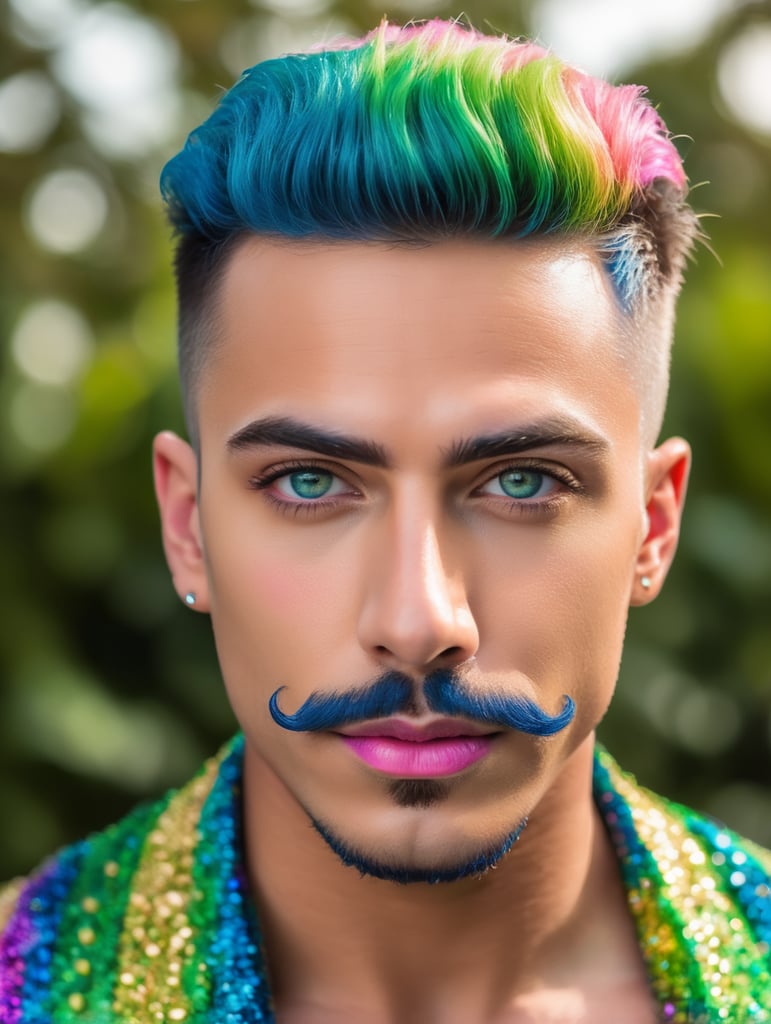 brazilian young man with make up in rainbow colors, blue eyes, blue mustache, pink brows, green beard, realistic drag queen