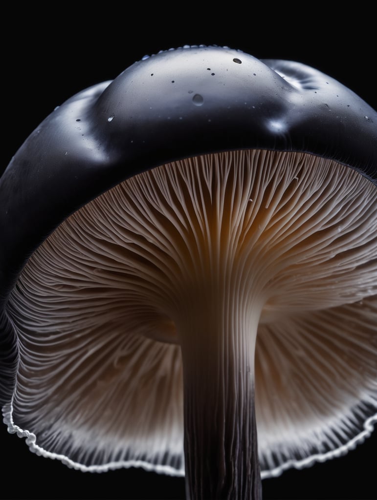 Macro photo of a black translucent alien mushroom, isolated, black background