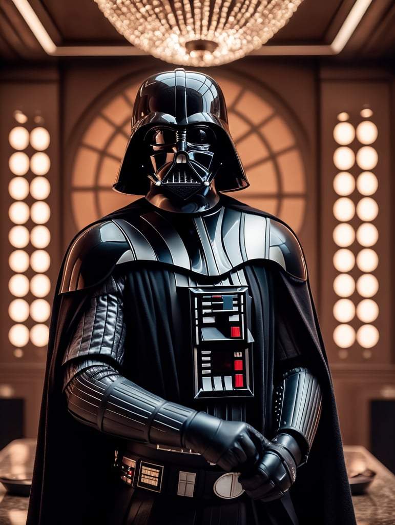 vogue photoshoot of Darth Vader of Star Wars in Wes Anderson style, hyperrealistic photography, Wes Anderson style, 8k