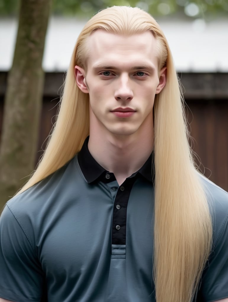 Young pale man, very long blonde straght hair