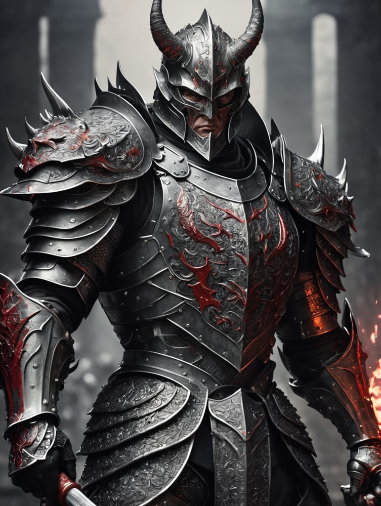 the dark knigth devil, blood of dragon battle in his armor, view full body, in the style poster art, medieval, intricate, dark gray realistic, 4k , relation aspect 16 9, cinematic 200mm