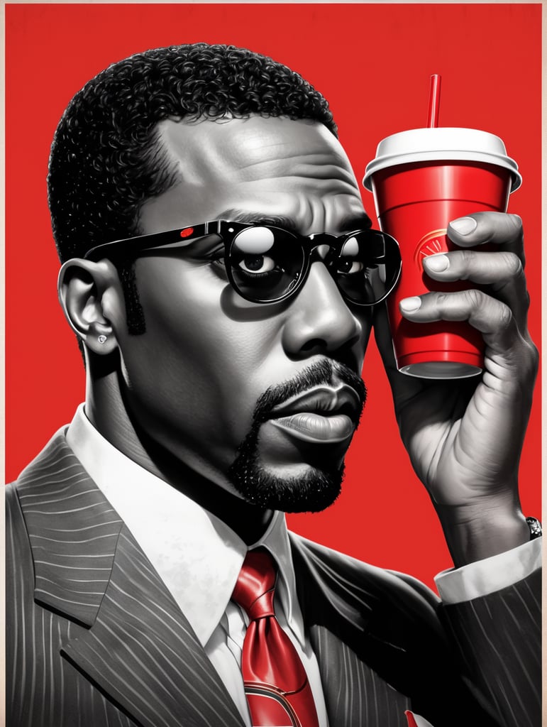 Miami black man holding a red cup eye-catching poster-style drawing and illustration representing the iconic pulp style.