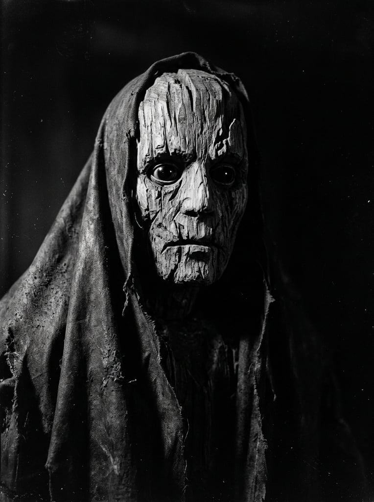 weathered wooden automaton, deeply splintered face resembling scarred bark, pitch-black hollow glass eyes, draped in heavy tattered dark oilcloth, classic black and white horror cinema style, dramatic chiaroscuro lighting, harsh side illumination, deep shadows, vintage film grain, dark background