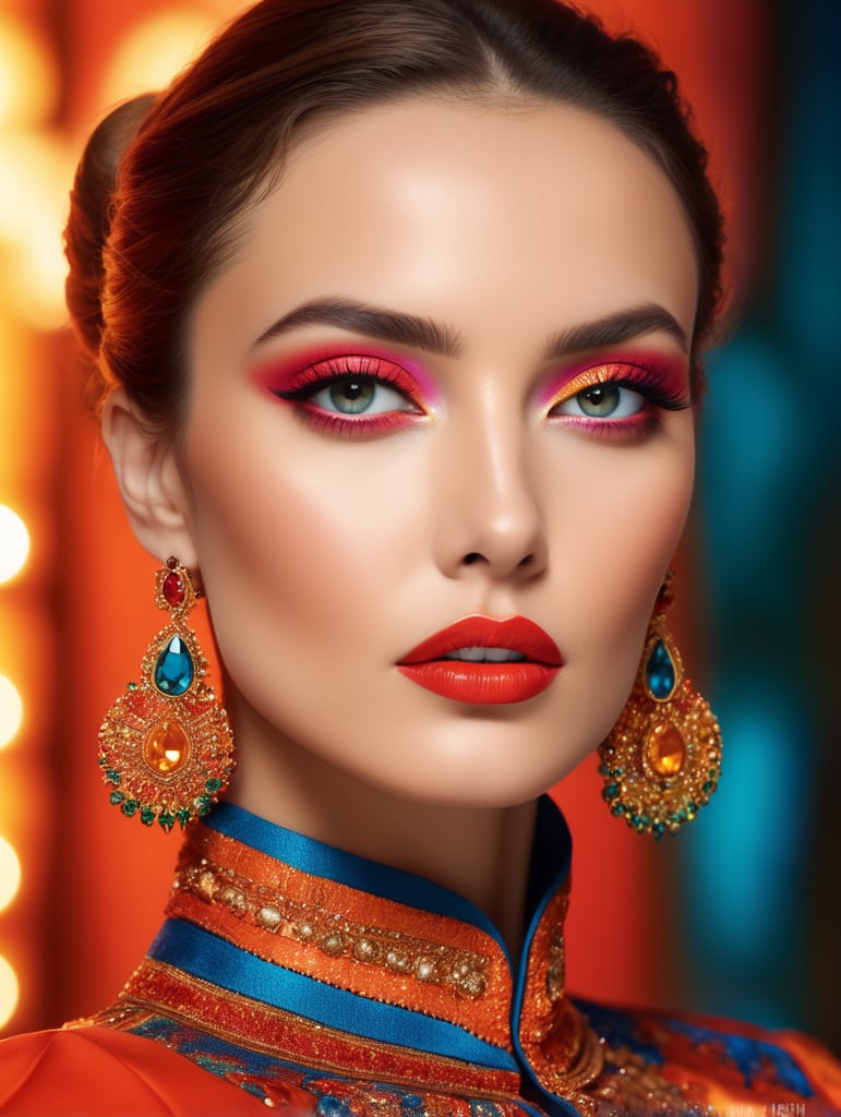 Portrait of Elizabeth Tabish, bright and saturated colors, elegant, highly detailed, vogue, fashion magazine, sharp focus, bright expressive makeup, dramatic lighting, depth of field, incredibly high detailed, blurred background