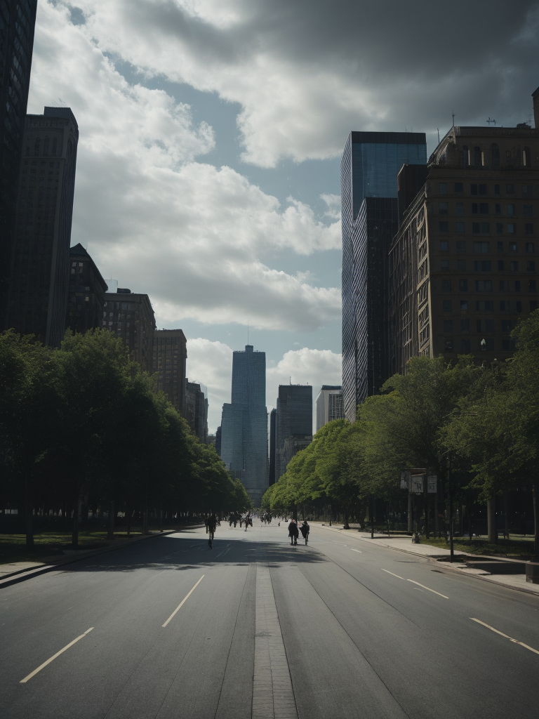 Chicago Millennium Park, Cloud Gate, Green trees, Skyscrapers in the background, Vibrant colors, Deep colors, Contrast lighting, Sunny day, High detail, Sharp details