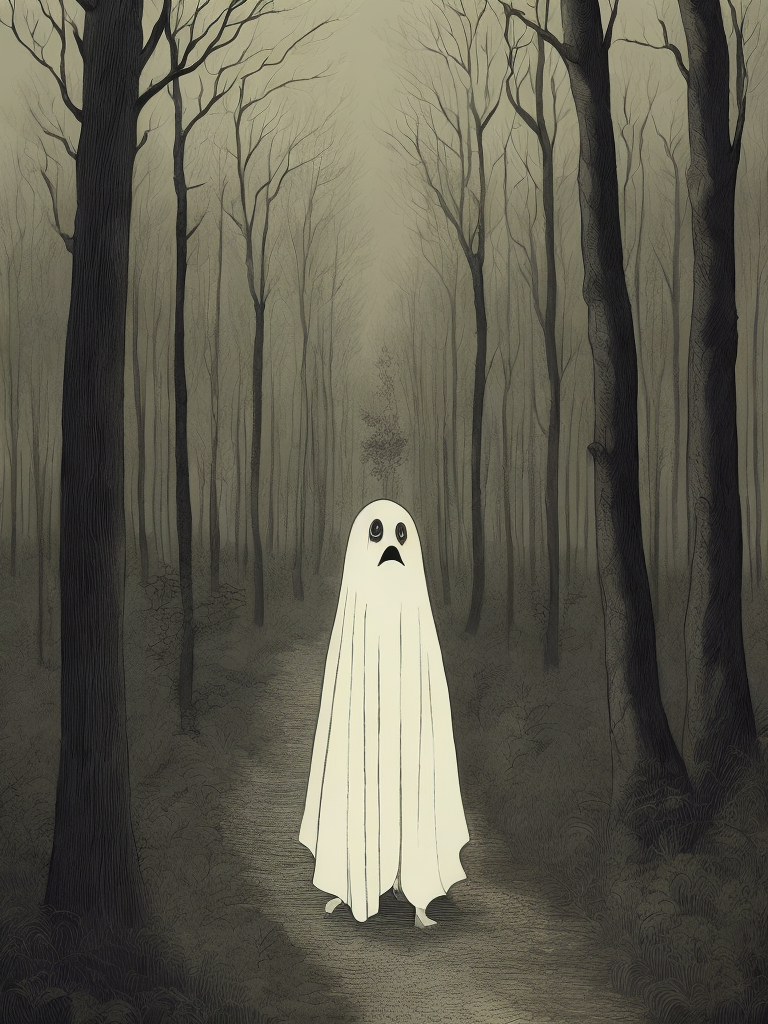 Funny ghost on the background of the forest, John Kenn Mortensen style, incredibly detailed,