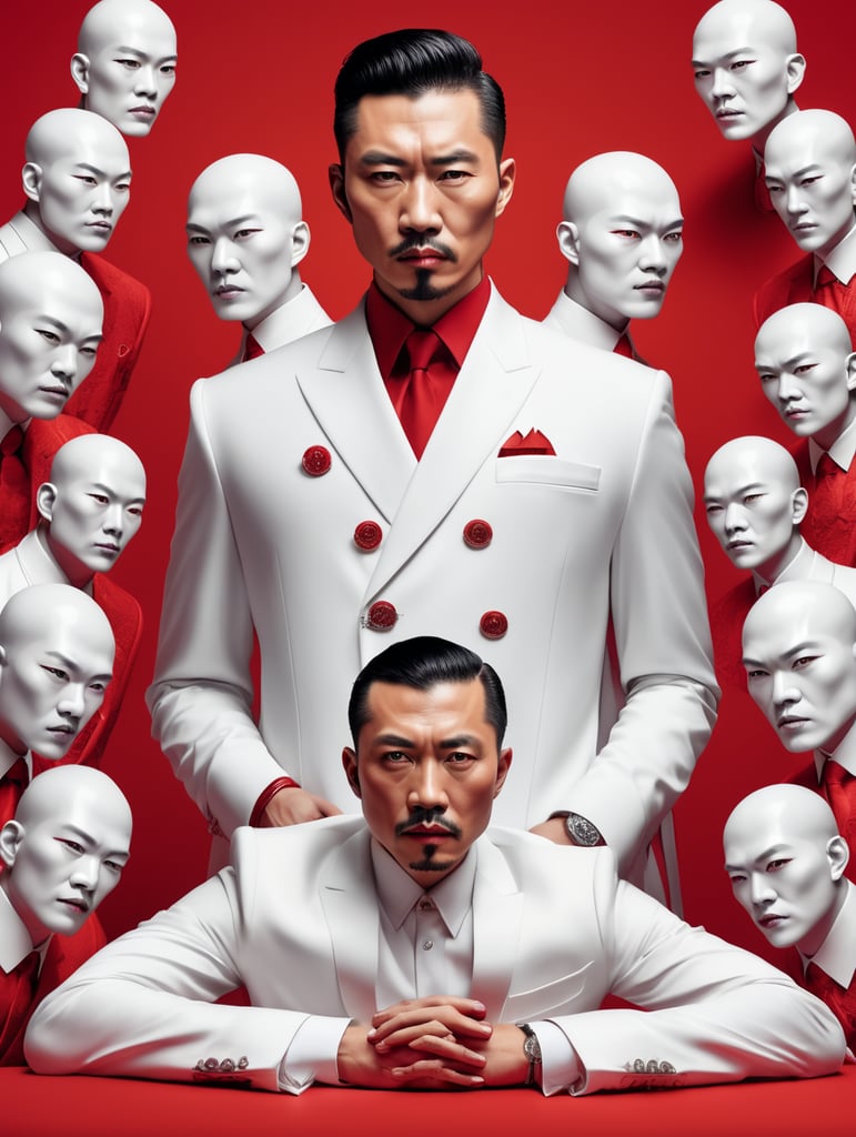 Chinese mafiosi, avant-garde, simplygo, photoshoot spread, dressed in all white, red background, harpers bizarre, cover, headshot, hyper realistic