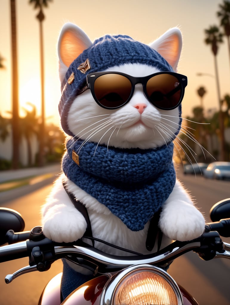 A closeup photorealistic photograph of a knitted cute cat made of crochet wearing stylish sunglasses and dressed in a beanie cap and riding on a motorcycle in hollywood at sundown. palm trees in the background. this 4k hd image is trending on artstation, featured on behance, well-rendered, extra crisp, features intricate detail and the style of unreal engine.