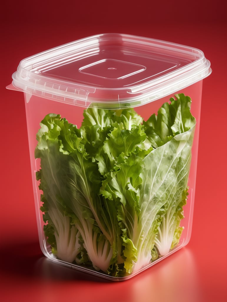 blank Transparent Plastic Container with lettuce Salad, isolated, red background, Mockup, mock up