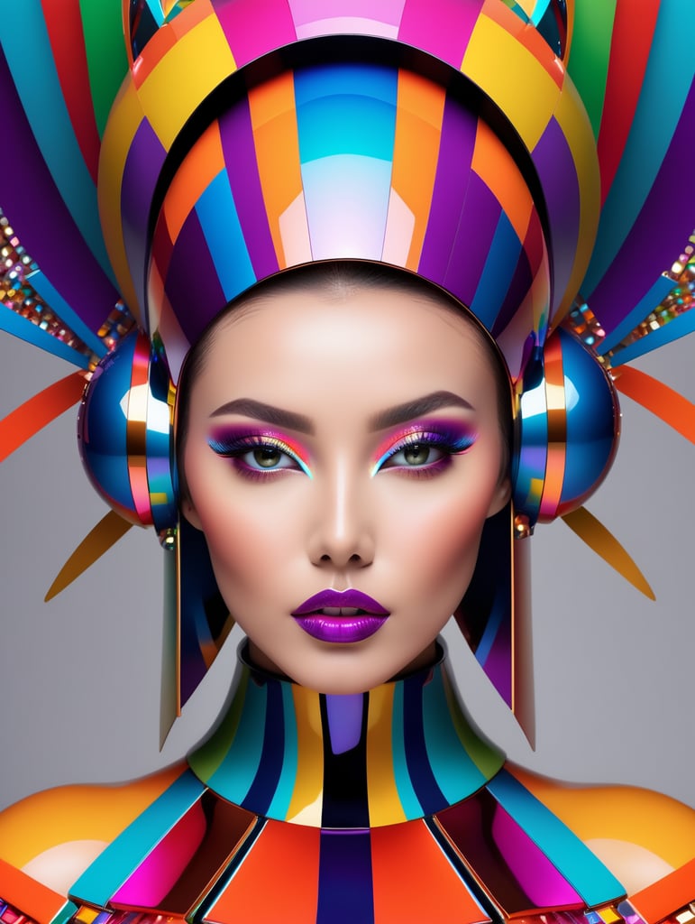 A beautiful female multicoloured pop sleek futuristic with huge headpiece center piece, clean makeup, with depth of field, captured in vivid colors, minimalist posterstyle