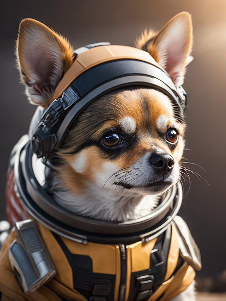 A Chihuahua like a Rocket Raccoon from Guardians of the Galaxy wearing astronaut costume on the Mars