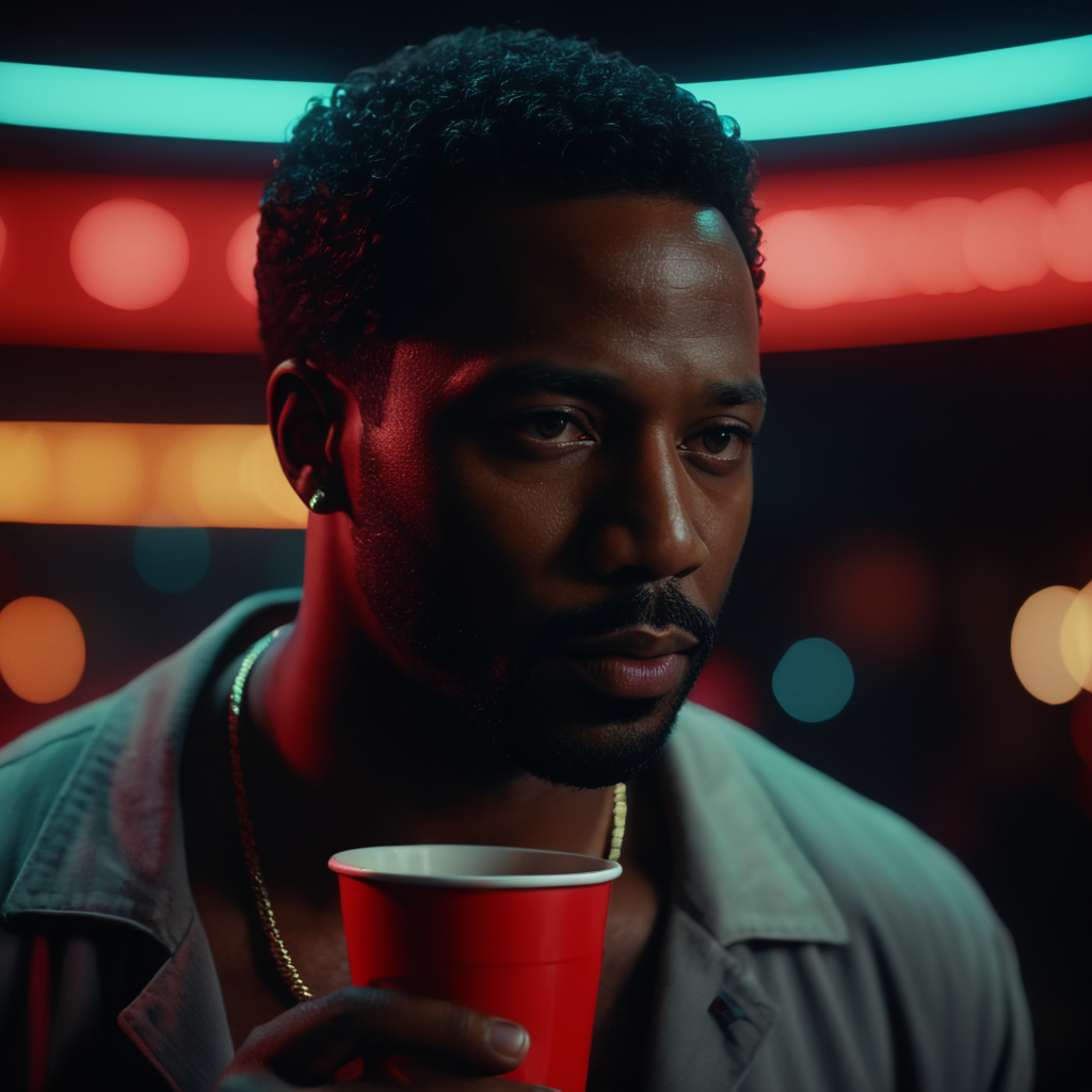 Miami, 1984, neon lights, black man, drinking, red cup