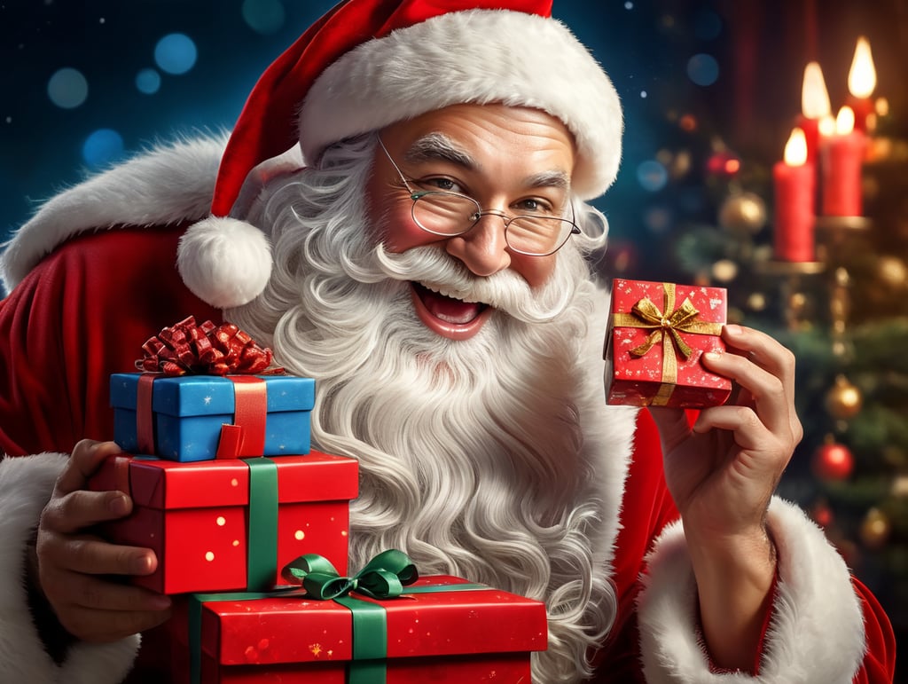 Portrait of Santa Claus smiling, one tooth missing, holdind a Red Chritmas Gift Box, whimsical facial expression, flowing white beard, jolly caricature, saturated colors, red outfit, sharp focus, portrait photography, depth of field, dramatic candlelit lighting, incredibly high detailed, blue background, blurred background,