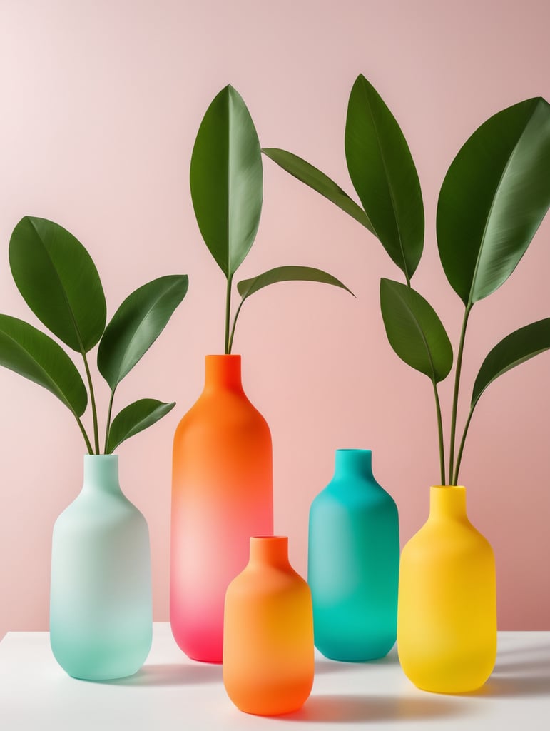 Una serie de 3 jarrones de silicon minimalistas con colores vibrantes inspirados en la estética de el mundo de los sneaker, que sean semitransparentes y con material similar al de las ligas