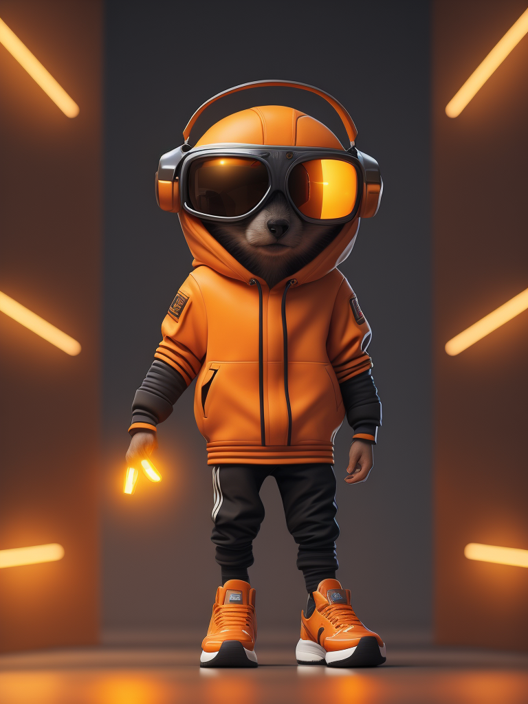 Orange cute style mascot wearing stylish futuristic sports clothes, big sneakers and a futuristic glasses