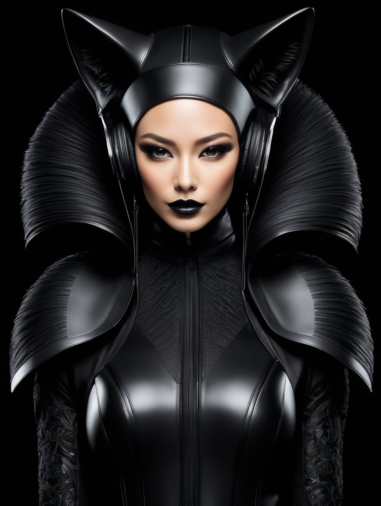 Fox, avant-garde, simplygo, photoshoot spread, dressed in all black, black background, harpers bizarre, cover, headshot, hyper realistic