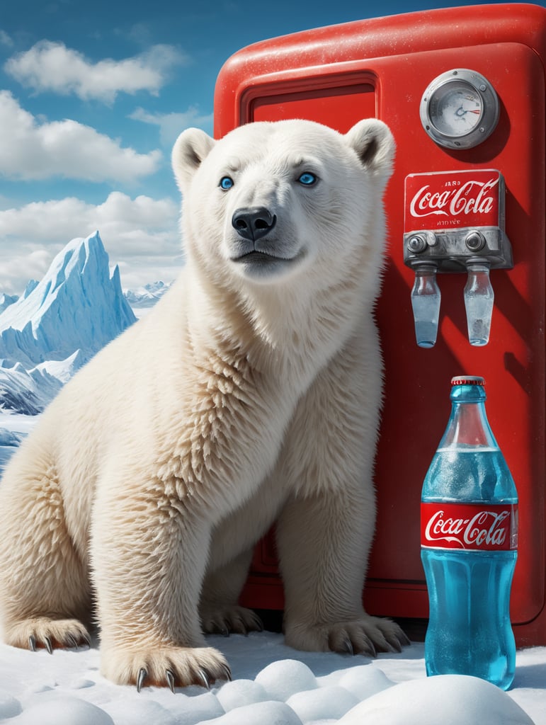 Ein weißes Eisbärbaby mit Himmelblauen Augen sitzt vor einem großen roten Kühlschrank in der Antarktis und trinkt aus einer Flasche Coca-Cola. Im Hintergrund sieht man Eisberge. Der Himmel ist strahlend blau.