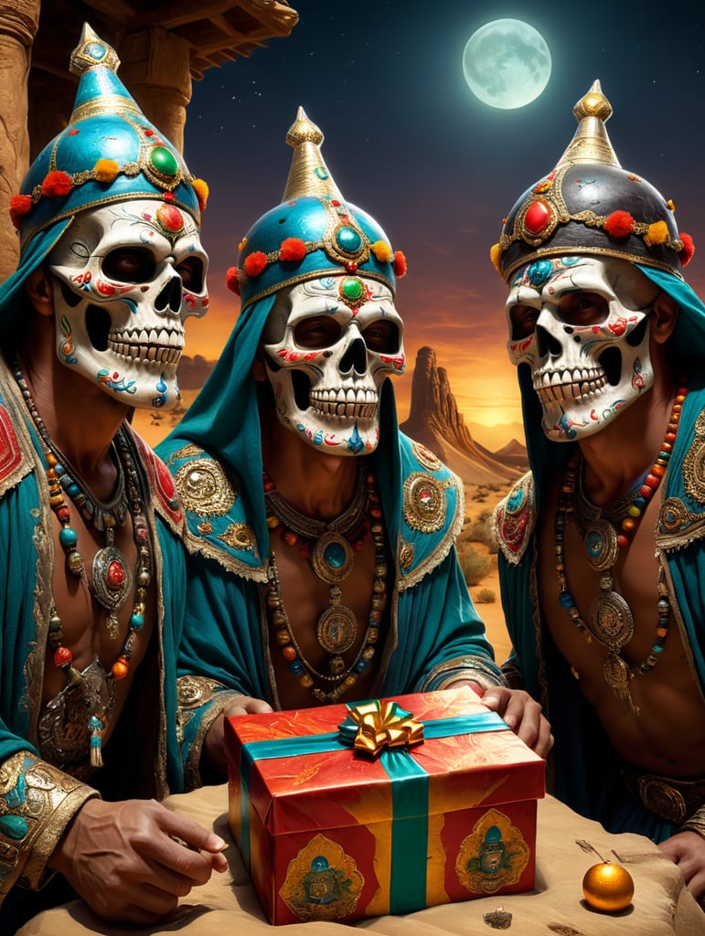 the three wise men with a Mexican skull mask showing their gifts, desert scene, detailed, good lighting and good definition