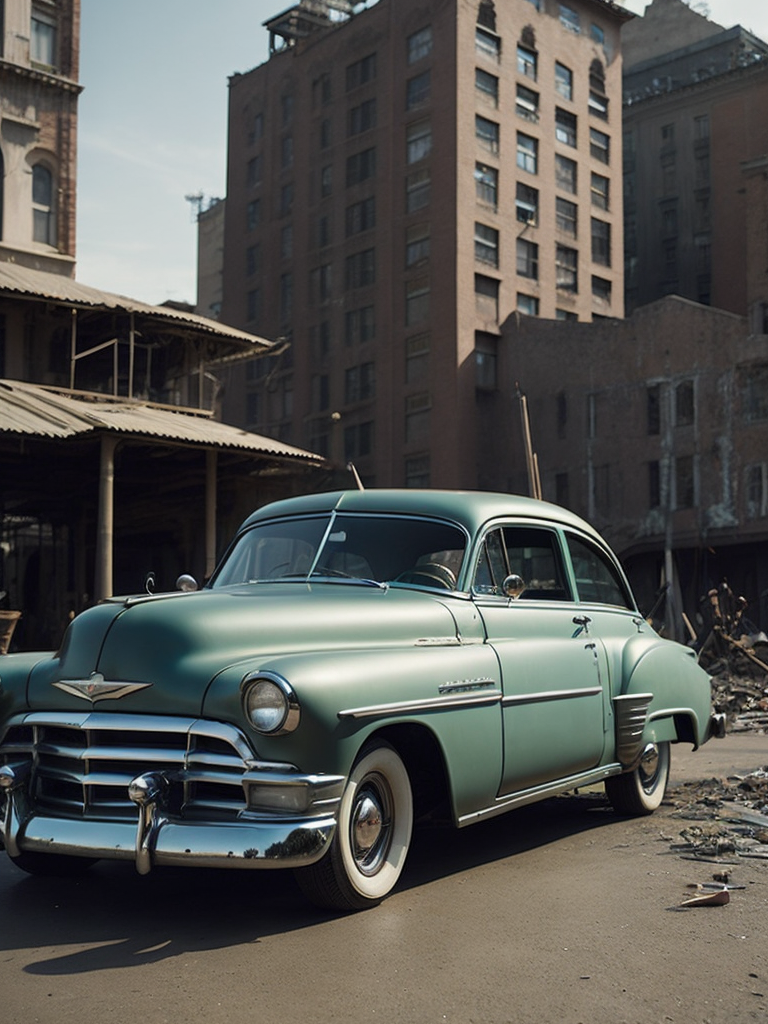 1952 Gray Chevrolet goes through bombed city, world war 2
