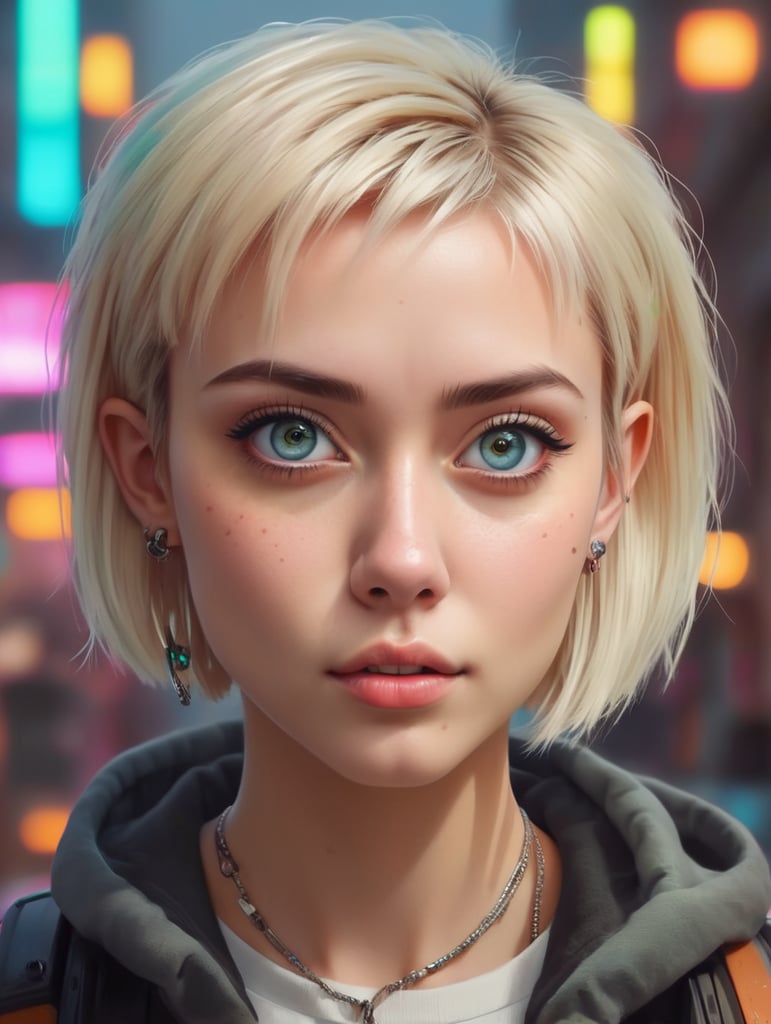 büyük gözlü, piercingli, kısa sarı saç, gamzeli, illüstrasyon, dijital sanat, cyberpunk, canlı renkler