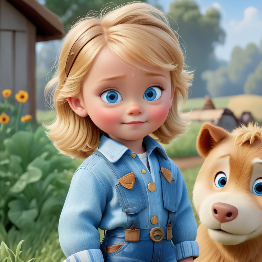 criança de 01 ano com cabelo loiro dourado curto, olhos azuis, estilo pixar disney, com roupa de fazendeiro
