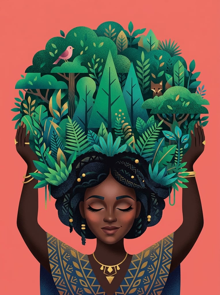 A surreal, geometric illustration of a dark-skinned woman with peacefully closed eyes supporting a dense forest across her shoulders against a solid coral-pink background. Her raised hands cradle a lush canopy of overlapping stylized trees, ferns, and rounded foliage in rich emerald and teal gradients. Hidden within the stippled, grainy jungle are simplified animal shapes including a pink bird and a brown fox. The composition blends flat vector forms with soft, volumetric airbrush shading.