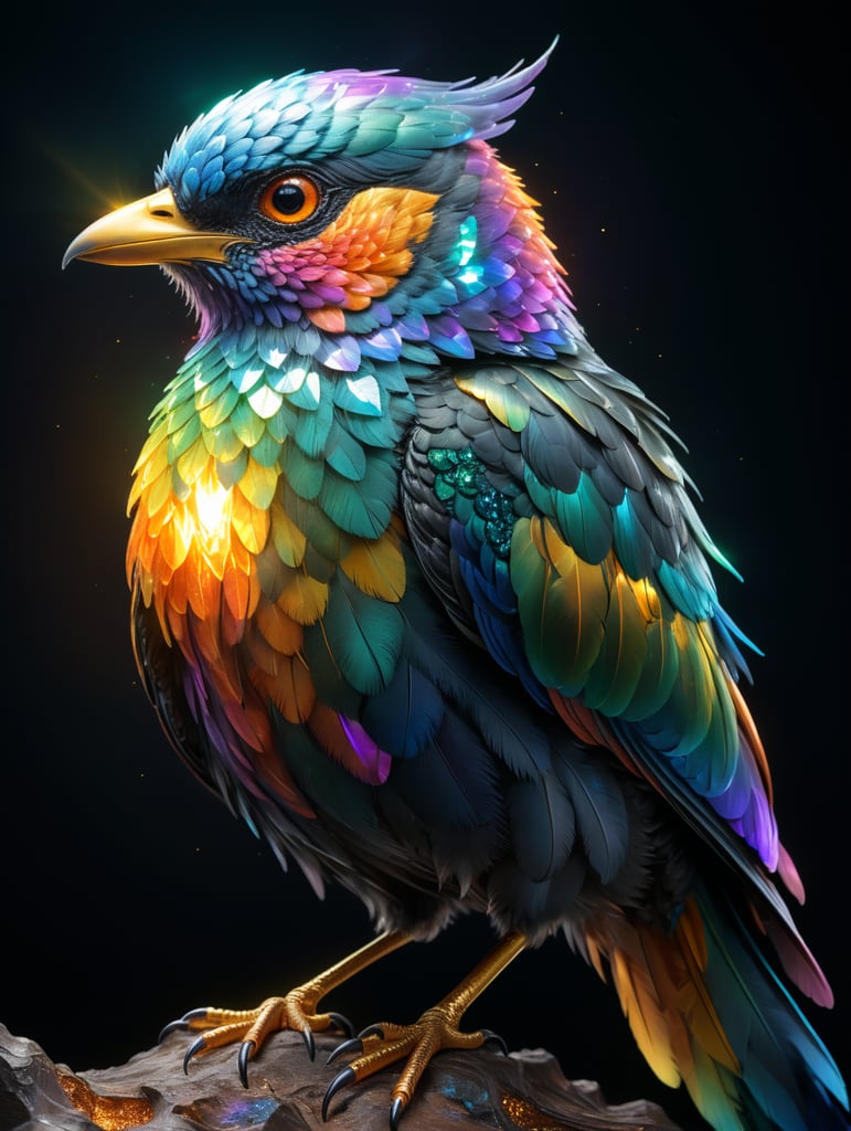 iridescent bird: A bird with feathers that sparkle like tiny diamonds, reflecting all the colors of the rainbow. Its long tail leaves a trail of shimmering light behind it. Wings with bold patches of color like an abstract painting. Its eyes shine like two small lanterns. Black night sky, glowing stars . Crystal iridescence. Gold. Metal. High contrast. pastel colors. Precise details. HD. 8K. Volumetric lighting"