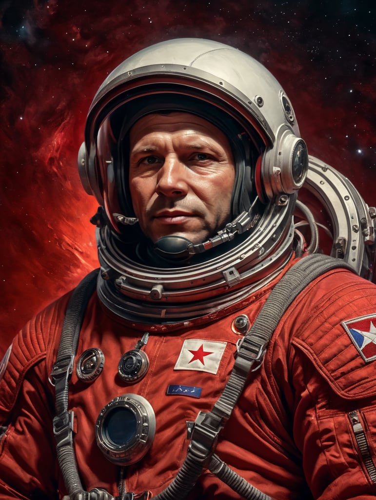 cosmonaut Yuri Alekseyevich Gagarin in a red space suit, a red space uniform