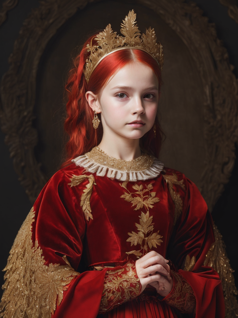 A young girl with golden wings in a red velvet dress with golden embroidery, beads, expensive lace, with red hair, jewelry from the 15th century in her hair, a dark background with trees and castles, the style of Lucas Cranach the Younger, medieval style