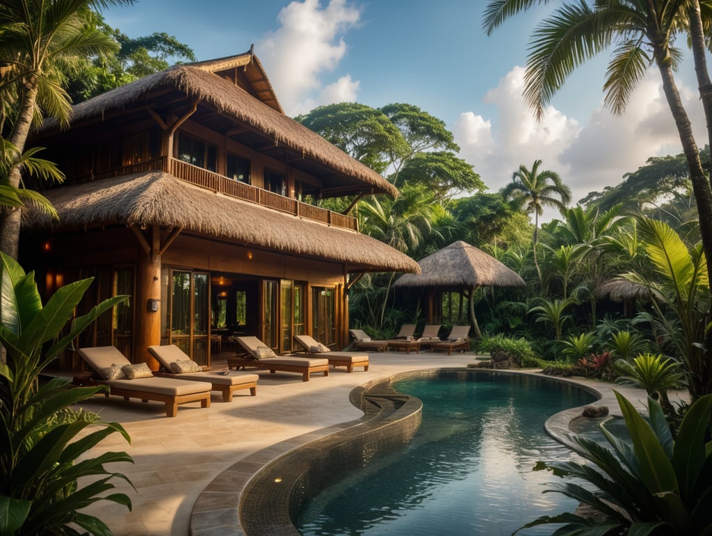luxury eco lodge hotel tropical style with views to the jungle and sea
