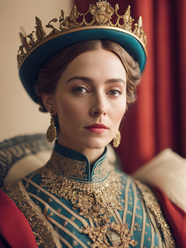 Queen Victoria, directed by wes anderson, wes anderson style, quirky, Vivid saturated colors, Contrast color, studio photo, professional photo, Rich colors, Detailed image, detailed face