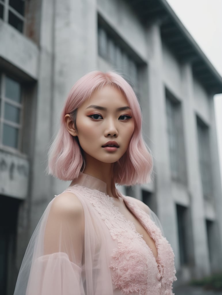 Portrait of haute couture beautiful asian fashion model with pale pink hair, ethereal dreamy foggy, photoshoot by alessio albi, editorial fashion magazine photoshoot, fashion poses, in front of brutalist building architecture. kinfolk magazine. film grain. a soft smile