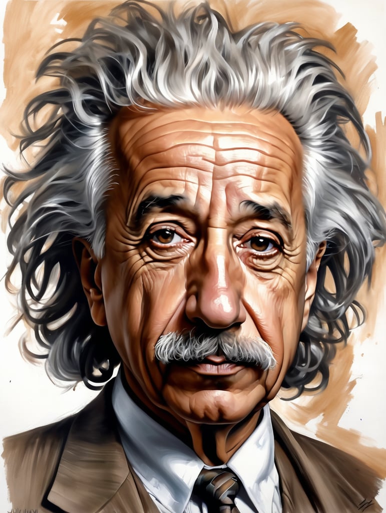 Albert Einstein drawing, in the style of iconic pop culture caricatures, hyperrealistic paintings, john larriva, chris dyer, alberto giacometti, light brown, humorous caricature, Messy hair , face tattoo