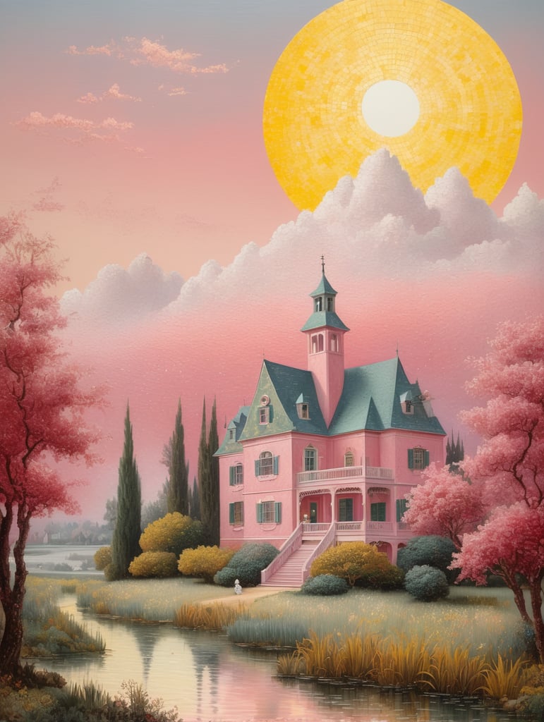 A beautiful crimson sky with a yellow sun painted in the style of Van GoghVan Gogh with light colors in reverse douste, a magnificent landscape in pink and white with a Victorian style mansion painted in pale pastels and whites in the style of Renior, and pointillism technique in the style of George's Seurat Triptych oil painting by Hieronymus Bosch, lost paradise, fantastic, hybrid, absurd