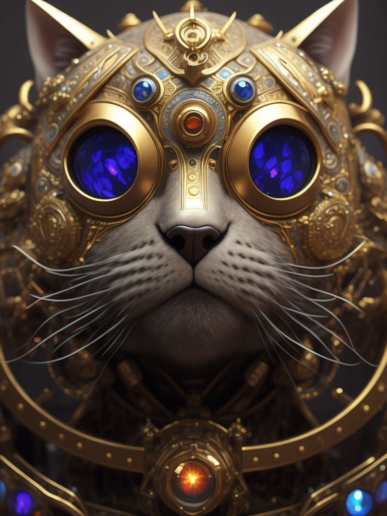 Masterpiece sculpture of an ornate bejeweled mechanical robot cat face, by annie swynnerton and diego rivera and nicholas roerich and jean delville, symbolist, dramatic lighting, god rays, elaborate geometric ornament, art brut, rich colors, smooth, sharp focus, extremely detailed, adolf wolfli and donato giancola