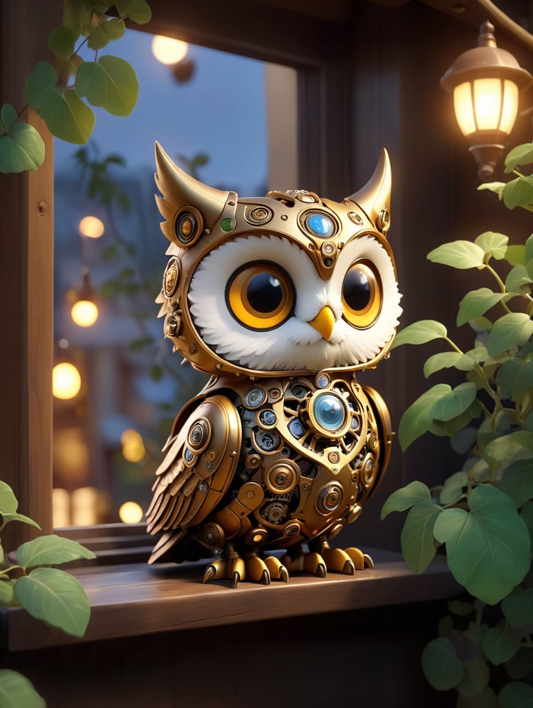 A completely mechanical steampunk small owl sitting on a window ledge, a cozy beautiful rustic cafe covered with vines, at night time, soft golden hour hazy lighting, 4k, glowing eyes, coffee,