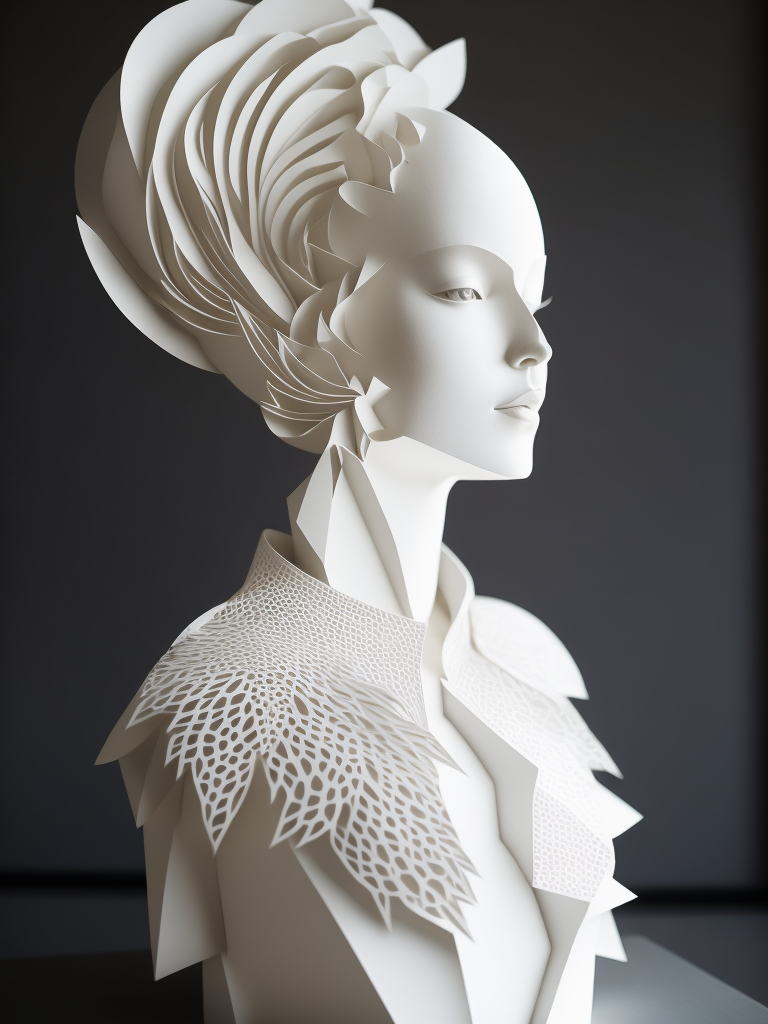 White cut paper sculpture woman, focus on details