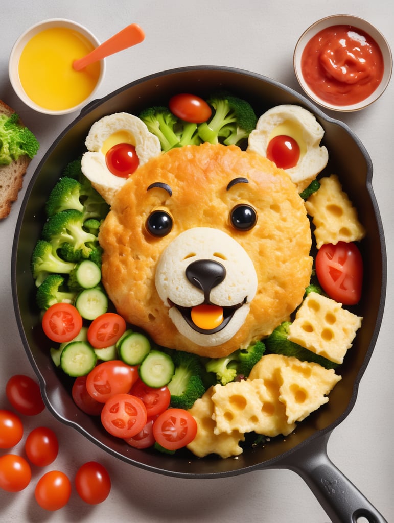 Children's breakfast in a frying pan, bear with ears cut out of a piece of bread dough, eyes consist of scrambled eggs, fresh vegetables, a little ketchup, cute Japanese style, rich texture
