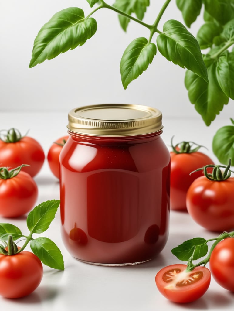 tomato ketchup jar, red tomato with green leaves, isolated, white background, mockup