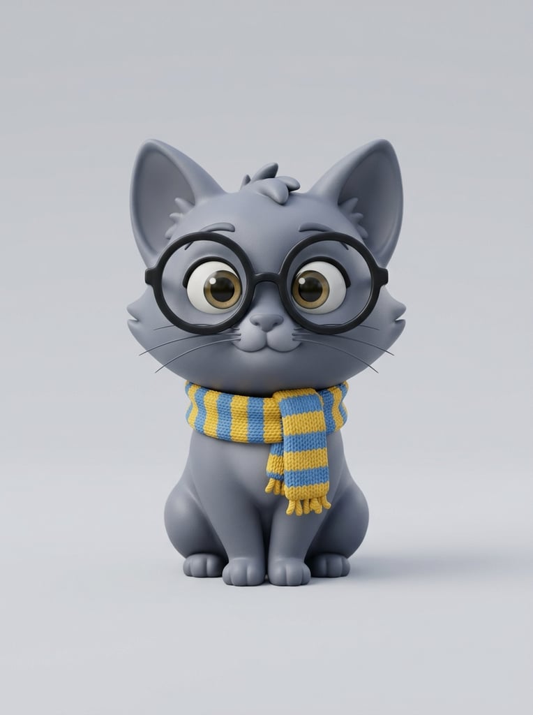 A 3D rendered matte grey cat figurine sits on a seamless light grey background. The stylized feline has an oversized head, large ears, and wide eyes, wearing thick round black eyeglasses and a yellow and blue striped scarf. Soft diffused lighting highlights its smooth vinyl texture.