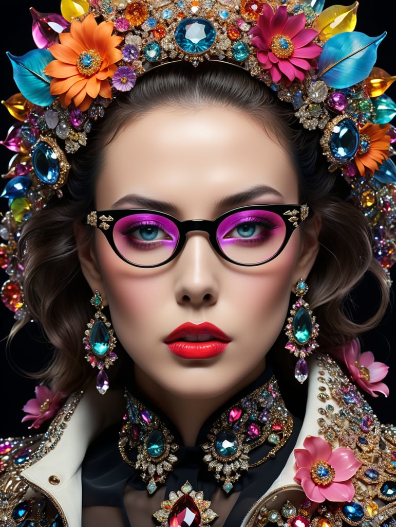 insane bizzare eyeglasses, crystals, bright, colorful rgb, dream world, Alexander McQueen Glazier demonic boy, monster face, vampire, horrific, arty pose, fashion, massive huge jewelry, precious gems, massive pearls, giant white diamonds, retrofuturistic, crystal, marble, glass, floral, massive big flowers, gem flowers, hyper neon glow, dark, moody, diaphanous layered ultra haute couture, high definition, high resolution, bold vibrant colors , volumetric lighting, 8k, 3d rende, style by dior, style by channel, by Jimmy Marble and Takashi Murakami