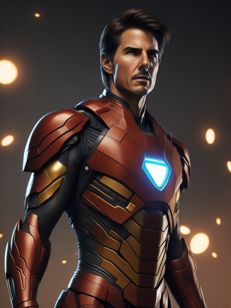 Crea un Immagine super dettagliata in 8k di Tom Cruise dentro all'armatura di Iron Man