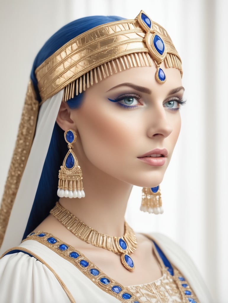 Queen Cleopatra wears a royal white and blue dress