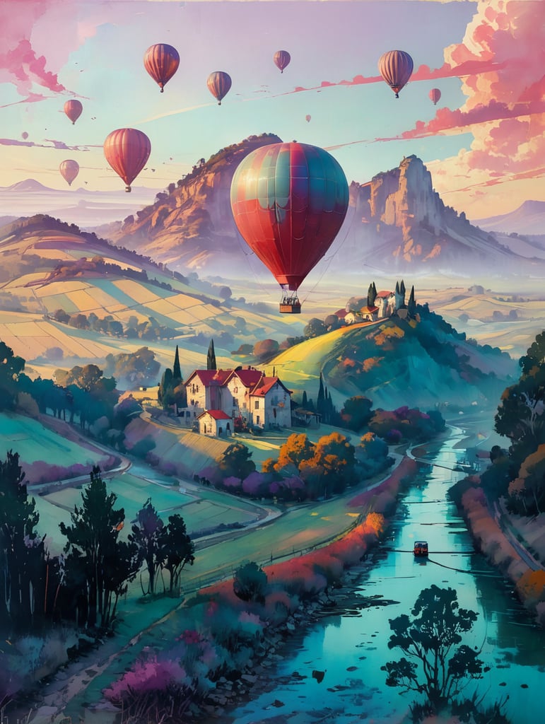 surrealist country background with vineyards and an hot air ballon make with single red grape