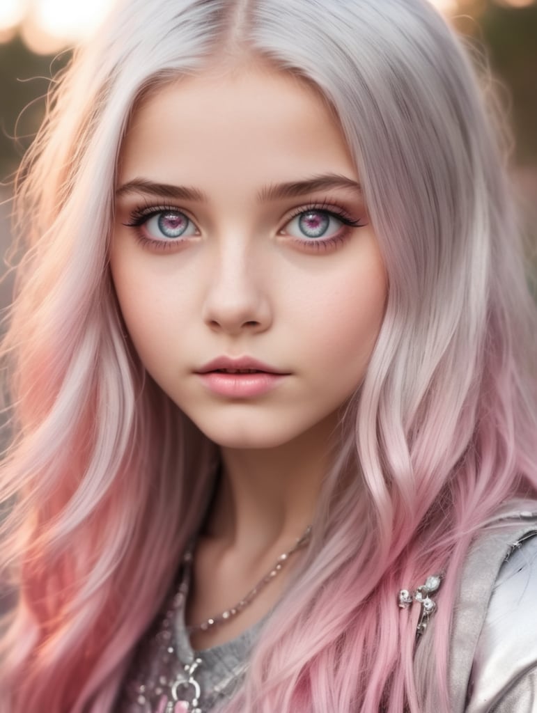 Magical teenager girl with long silver hair shining metallic in pink, silver beautiful eyes, beautiful teenie face, girly, grunge, rebel accessories