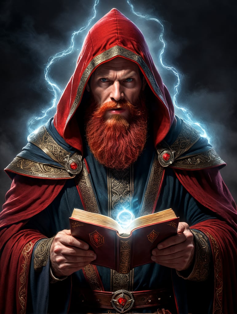 red bearded sorcerer, hood covering most of his face, holding open a spell book with glowing pages, comic book art